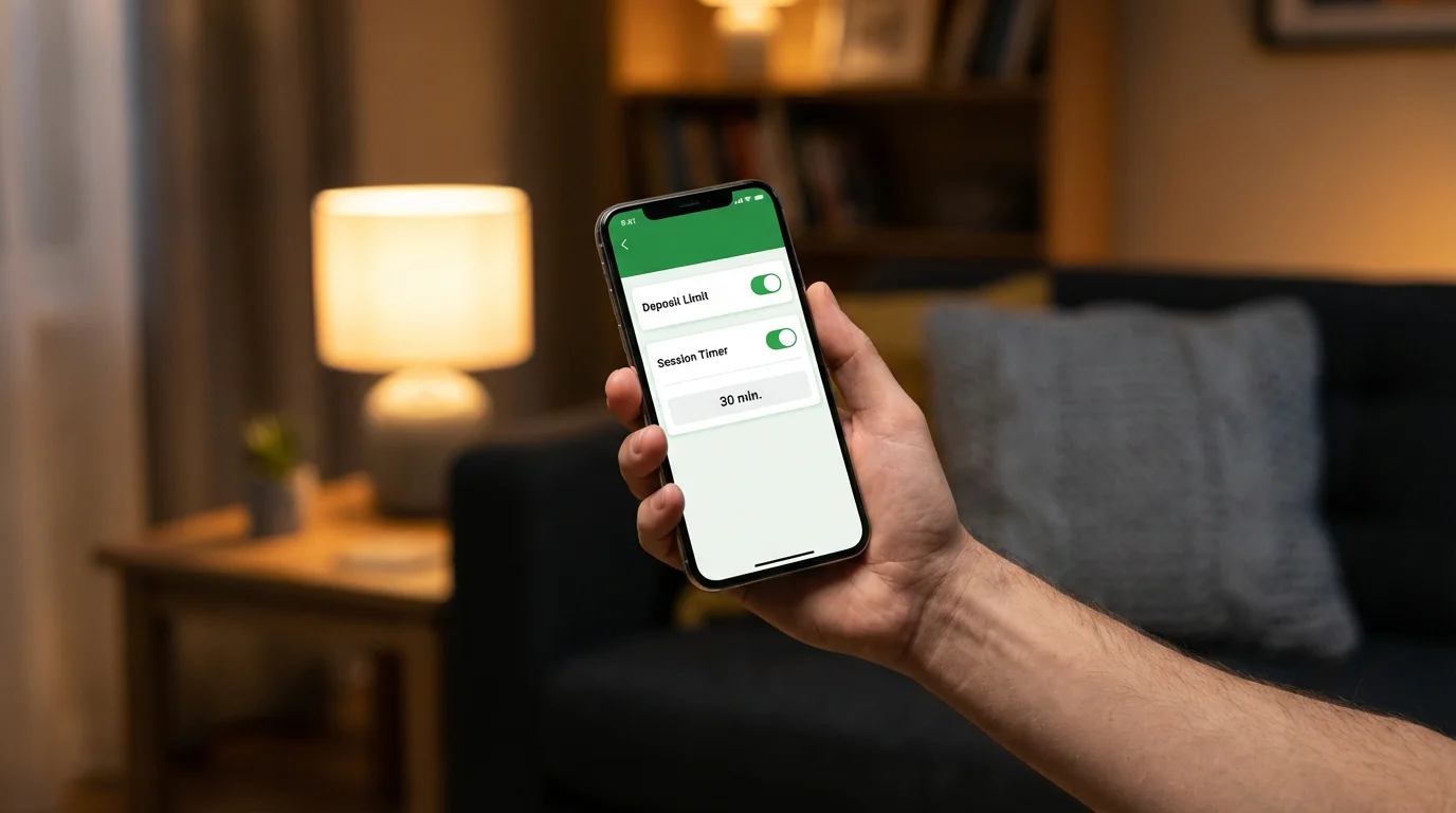 Hand holding a smartphone displaying responsible gambling settings with deposit limit toggles and session timer