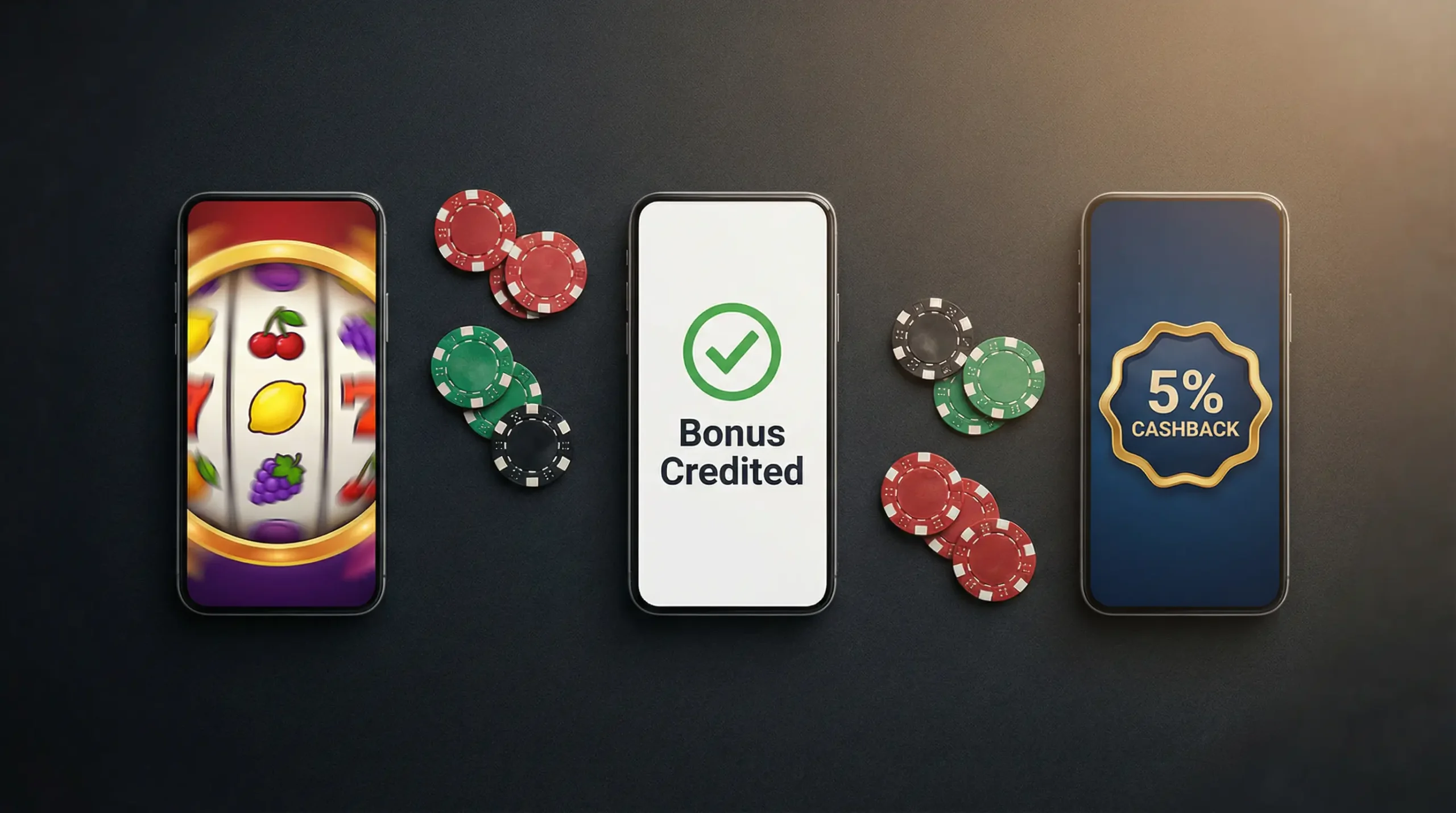 Three smartphones displaying different no deposit bonus types — free spins, bonus cash, and cashback offers