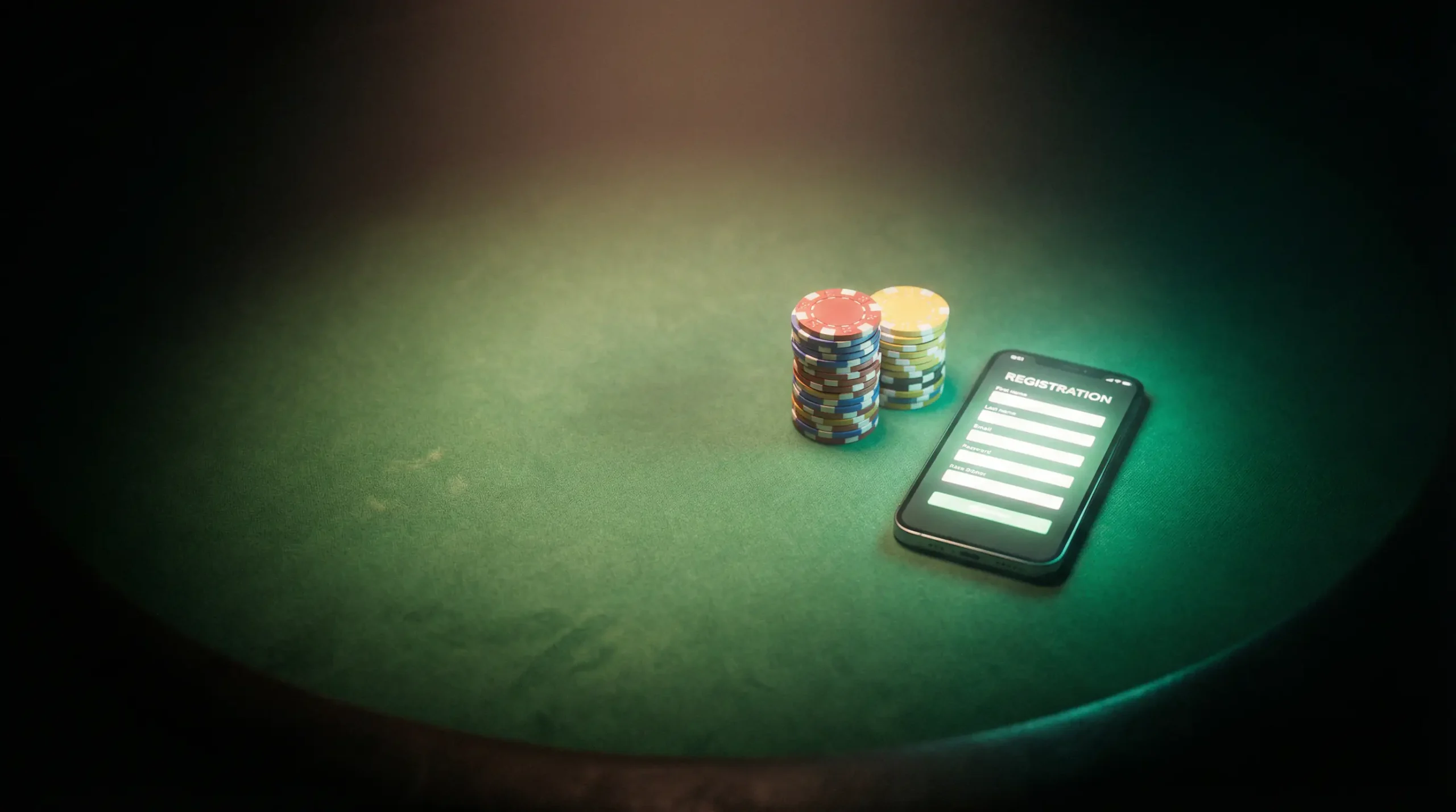 UK no deposit casino bonus guide — neon green glow on casino felt table with chips and smartphone