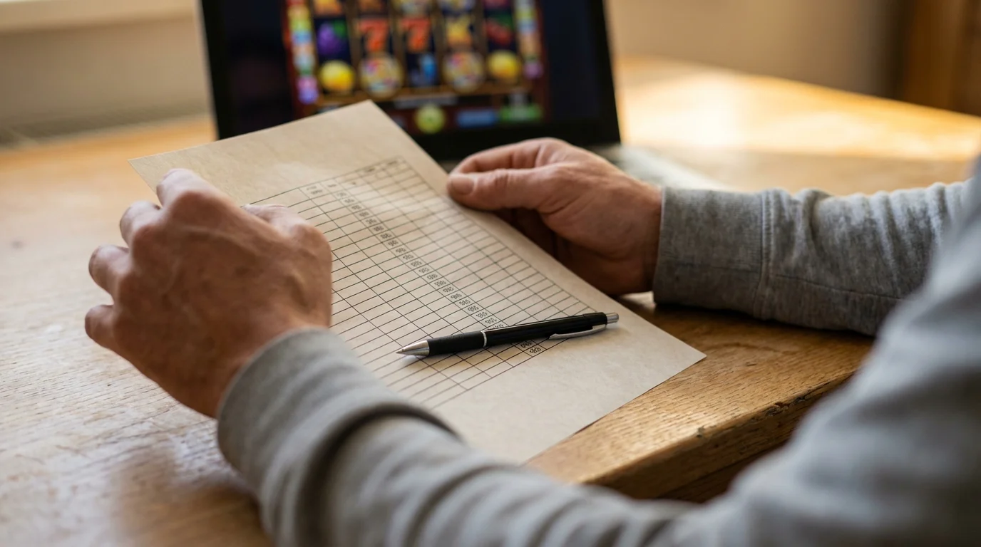 Person reviewing wagering requirement terms on a printed document beside a laptop showing slot game interface